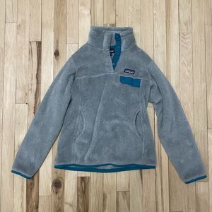 Patagonia Synchilla Fleece Gray Pullover 1/4 Snap Teal Trim Pocket Womens SMALL